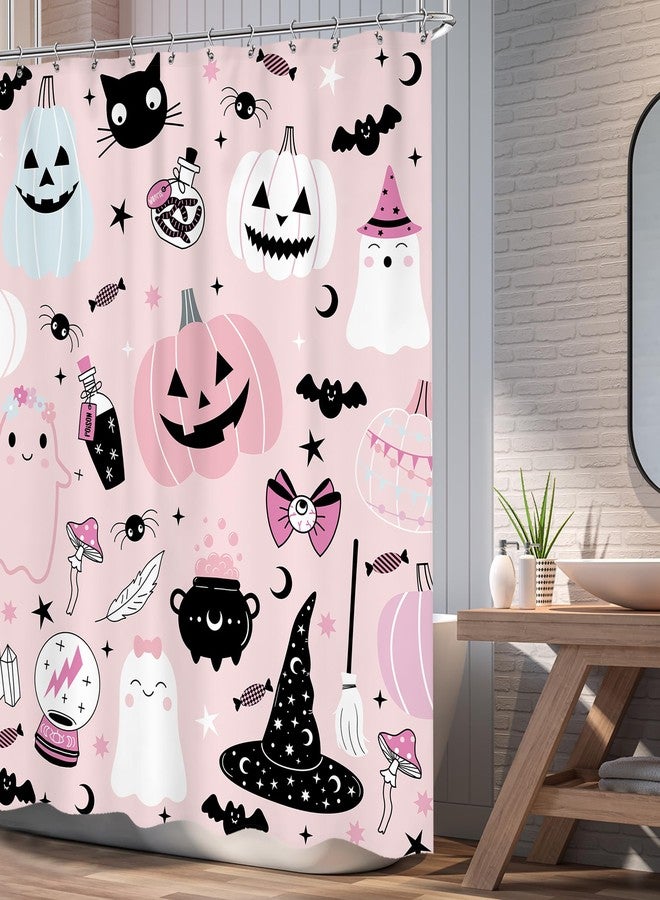 Ufeela Halloween Pumpkin Shower Curtain 60Wx72L Inch Kids Pink Cute Cartoon Spooky Ghost Crystal Ball Bathroom Set Lovely Funny Witch Candy Bath Curtain Bathtub Accessories Home Decor - Image 3