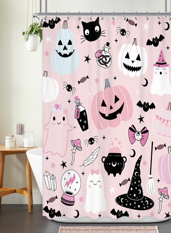 Ufeela Halloween Pumpkin Shower Curtain 60Wx72L Inch Kids Pink Cute Cartoon Spooky Ghost Crystal Ball Bathroom Set Lovely Funny Witch Candy Bath Curtain Bathtub Accessories Home Decor - Image 2