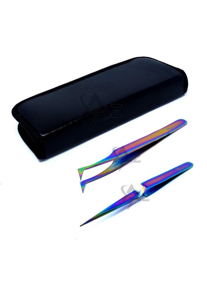 A2Z Set Of 2 Stainless Steel Multi Titanium Rainbow Color 3D Eyelash Extension Tweezers A Type Angled + X Type Self Retracting Fine Point (A2Z) - Image 1
