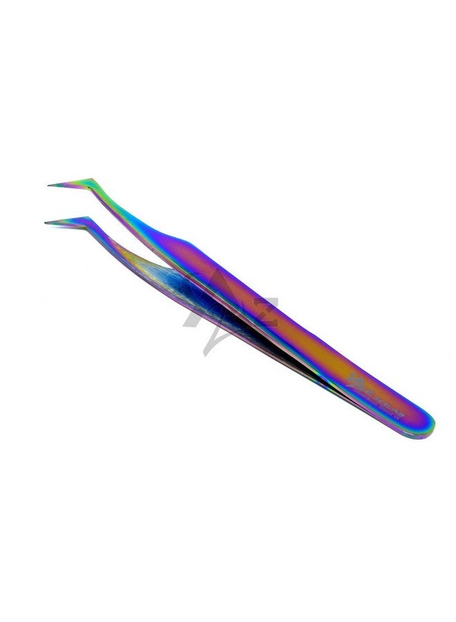 A2Z Set Of 2 Stainless Steel Multi Titanium Rainbow Color 3D Eyelash Extension Tweezers A Type Angled + X Type Self Retracting Fine Point (A2Z) - Image 3