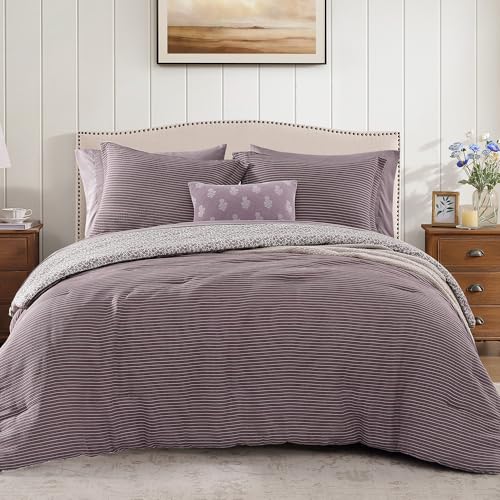 BLOOMHAVEN Queen Comforter Set - 7 Pieces Deep Purple Bedding Sets for All Seasons, Lightweight Breathable Bed in a Bag Queen with Revesible Farmhouse Comforter, Sheets, Pillowcases & Shams - Image 1