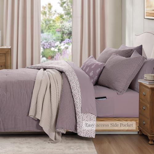 BLOOMHAVEN Queen Comforter Set - 7 Pieces Deep Purple Bedding Sets for All Seasons, Lightweight Breathable Bed in a Bag Queen with Revesible Farmhouse Comforter, Sheets, Pillowcases & Shams - Image 5