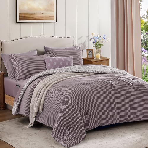 BLOOMHAVEN Queen Comforter Set - 7 Pieces Deep Purple Bedding Sets for All Seasons, Lightweight Breathable Bed in a Bag Queen with Revesible Farmhouse Comforter, Sheets, Pillowcases & Shams - Image 4