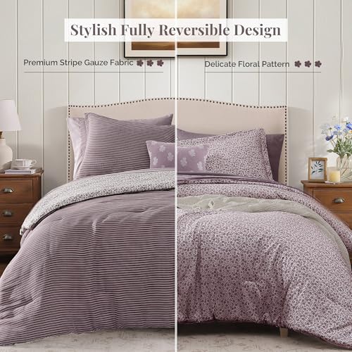 BLOOMHAVEN Queen Comforter Set - 7 Pieces Deep Purple Bedding Sets for All Seasons, Lightweight Breathable Bed in a Bag Queen with Revesible Farmhouse Comforter, Sheets, Pillowcases & Shams - Image 2