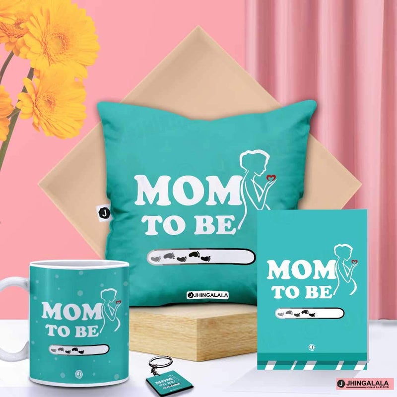 Jhingalala Jhingalala Mom to Be Printed Satin Cushion with Filler Coffee Mug Key Chain Greeting Card Combo Multicolor Medium - Image 1