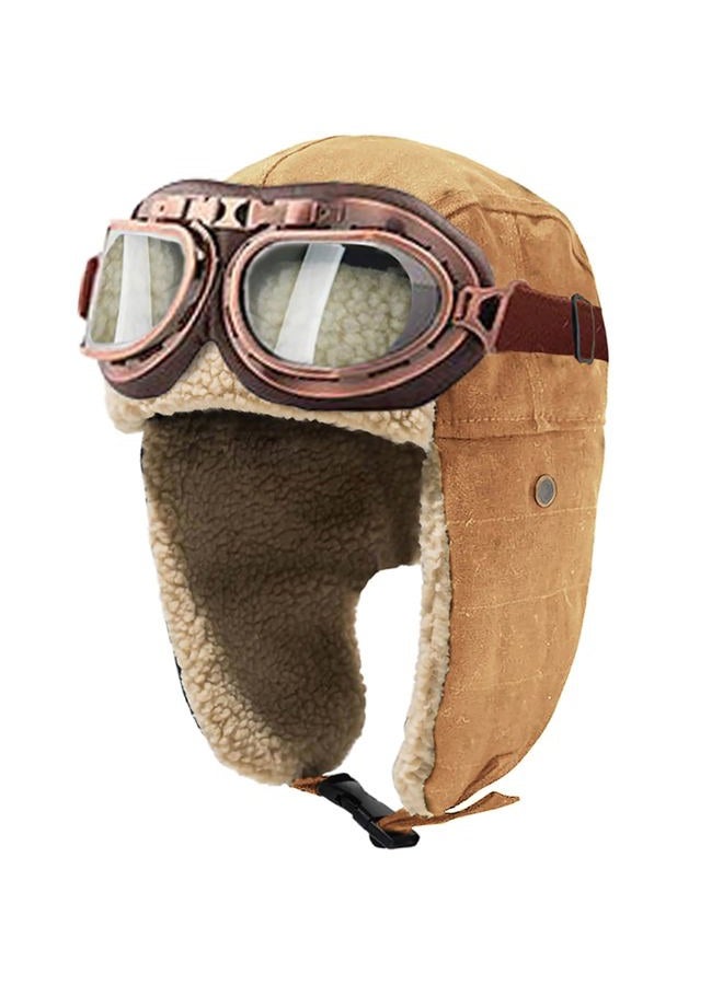 Peicees Vintage Aviator Hat and Goggles Costume Accessories Winter Snowboard Fur Ear Flaps Trooper Trapper Pilot Cap Motorcycle Goggles for Men Women Youth - Image 1
