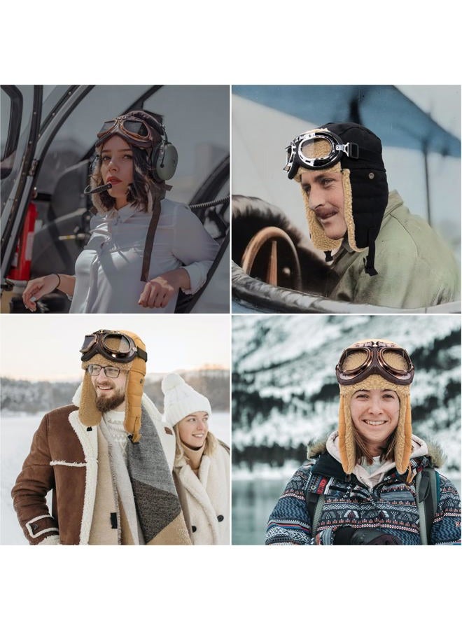 Peicees Vintage Aviator Hat and Goggles Costume Accessories Winter Snowboard Fur Ear Flaps Trooper Trapper Pilot Cap Motorcycle Goggles for Men Women Youth - Image 2