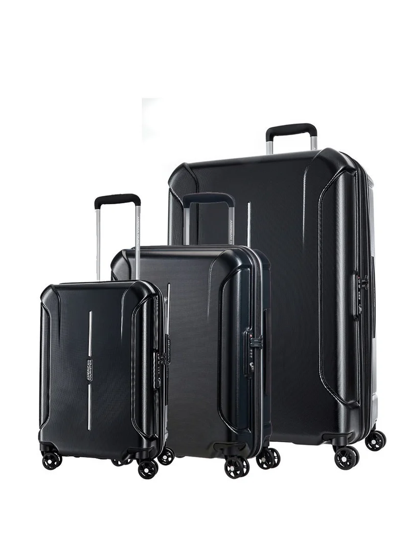 Technum Suitcase Set of 3, Cabin, Medium & Large (55 + 68 + 77 cm), 4 Spinner Wheels, Hard Top, Polycarbonate, Diamond Black|DuoSaf™ Security Zipper|Dual Tube Pull Handle|Expandable - 3 Years Global Warranty