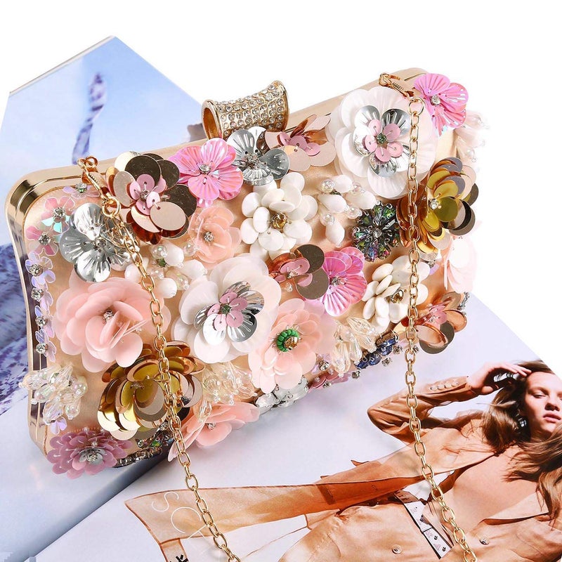 Selighting Colorful Floral Clutch Evening Bags for Women Formal Beaded Bridal Wedding Purse Prom Cocktail Party Handbags Champagne - Image 2