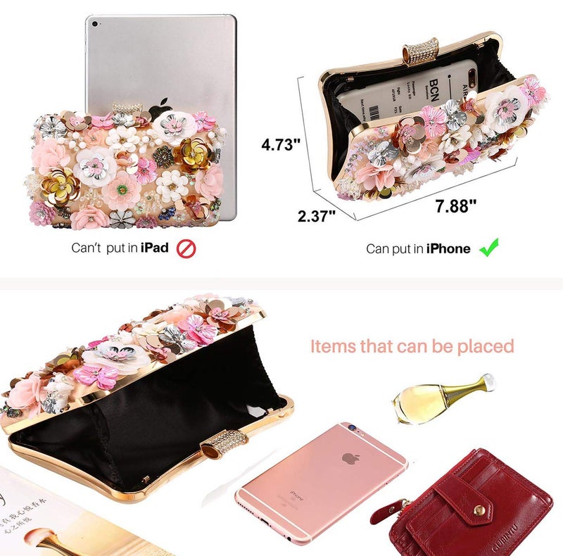 Selighting Colorful Floral Clutch Evening Bags for Women Formal Beaded Bridal Wedding Purse Prom Cocktail Party Handbags Champagne - Image 4