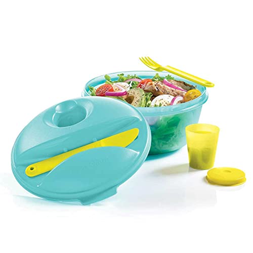 Tupperware Salad on the Go Set Lunch Keeper 6.25 Cup Bowl, Fork, Knife and Midget Blue Green - Image 4