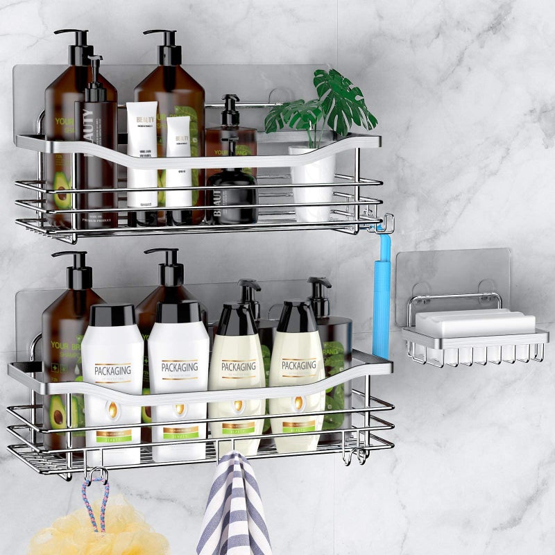 Orimade Shower Caddy Basket Soap Dish Holder Shelf with 5 Hooks Bathroom Organizer Shelf Kitchen Storage Rack Wall Mounted Adhesive No Drilling Rustproof SUS304 Stainless Steel  3 Pack