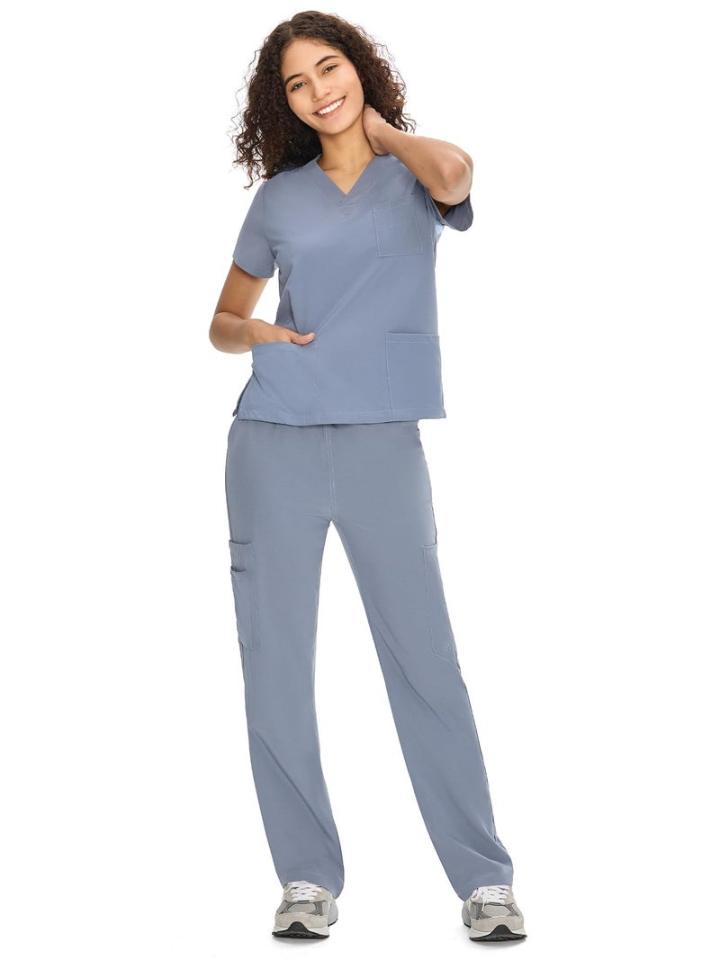COZYFIT Scrubs for Women Set Medical Uniform - V-Neck Top & Straight Leg Pants with 9 Pockets, Unisex Workwear COZY SCRUBS, Rock Grey, XL - Image 1
