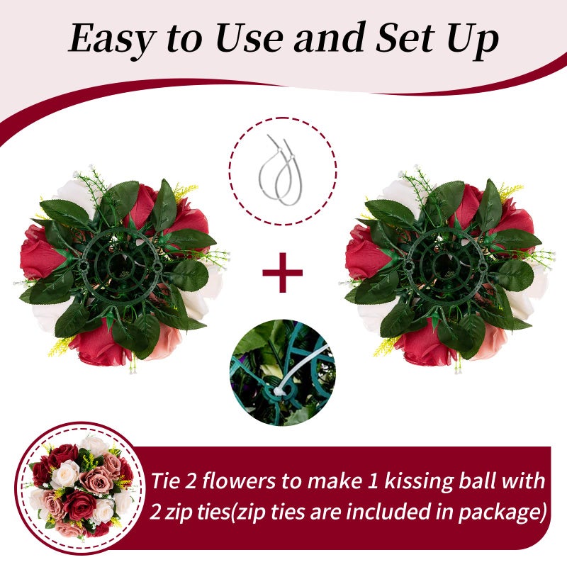 BLOSMON Wedding Flowers Centerpieces for Tables: 10 Pcs Burgundy & Dusty Rose & Creamy White Fake Roses Kissing Balls Decoration - Artificial Silk Floral Arrangements for Home Party DIY Decor - Image 4