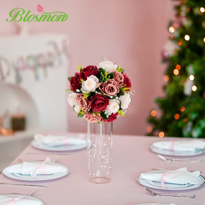 BLOSMON Wedding Flowers Centerpieces for Tables: 10 Pcs Burgundy & Dusty Rose & Creamy White Fake Roses Kissing Balls Decoration - Artificial Silk Floral Arrangements for Home Party DIY Decor - Image 3