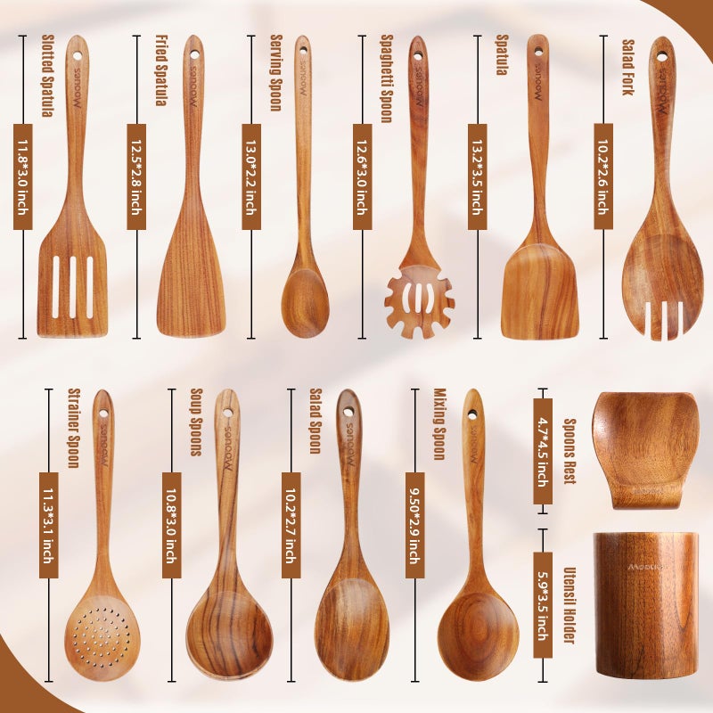 Mooues 12 Piece Wooden Spoons for Cooking, Wooden Utensils for Cooking with Utensils Holder, Natural Teak Wooden Kitchen Utensils Set with Wooden Spoon Rest, Comfort Grip - Image 2