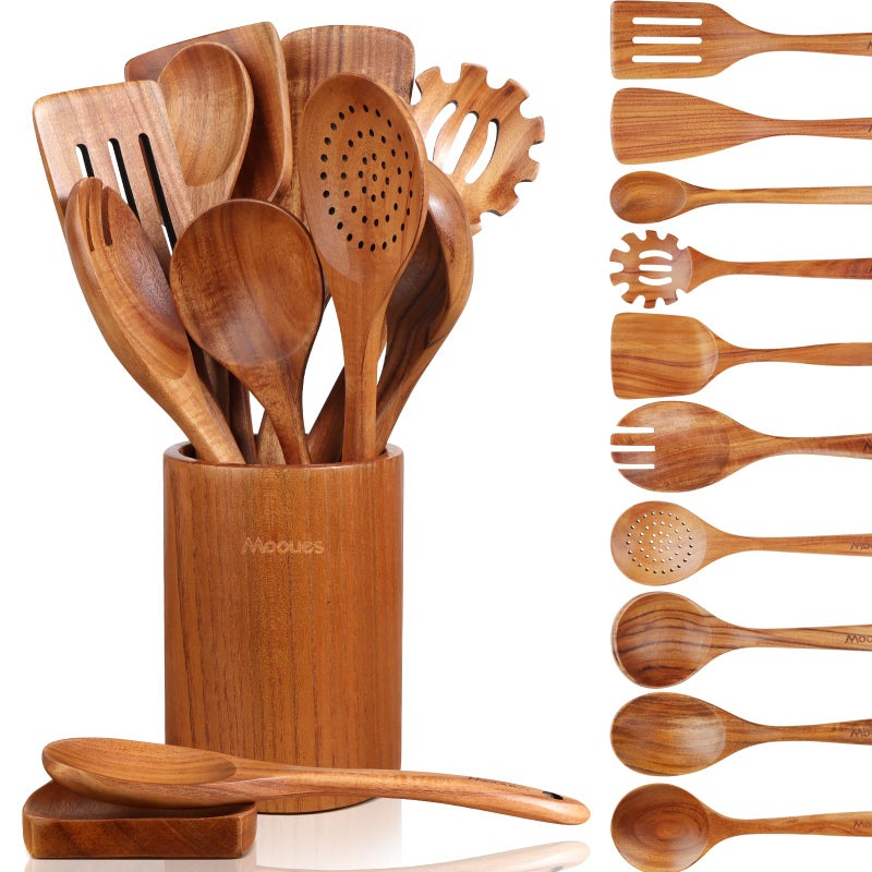 Mooues 12 Piece Wooden Spoons for Cooking, Wooden Utensils for Cooking with Utensils Holder, Natural Teak Wooden Kitchen Utensils Set with Wooden Spoon Rest, Comfort Grip - Image 1