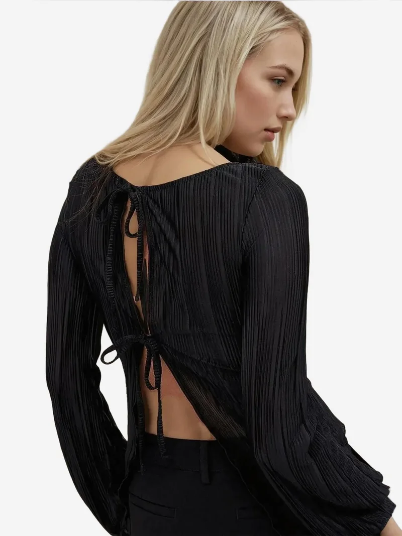 HICCUP Black Back Tie Strap Boat Neck Blouse for Women | Best Price UAE