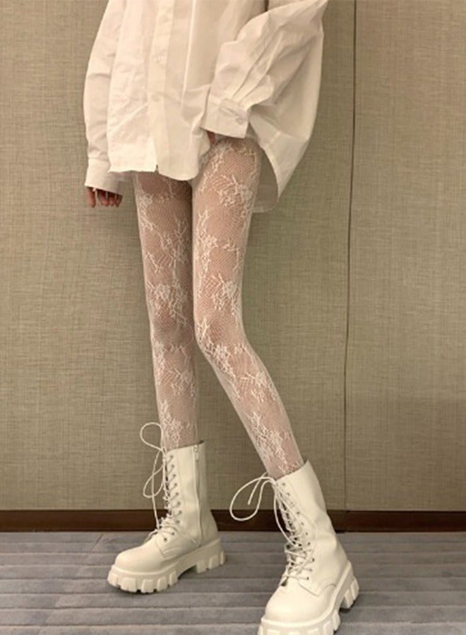 Socks Women's Patterned Tights Fishnet Floral Pantyhose Stockings Women's Transparent Thigh Tights White - Image 3