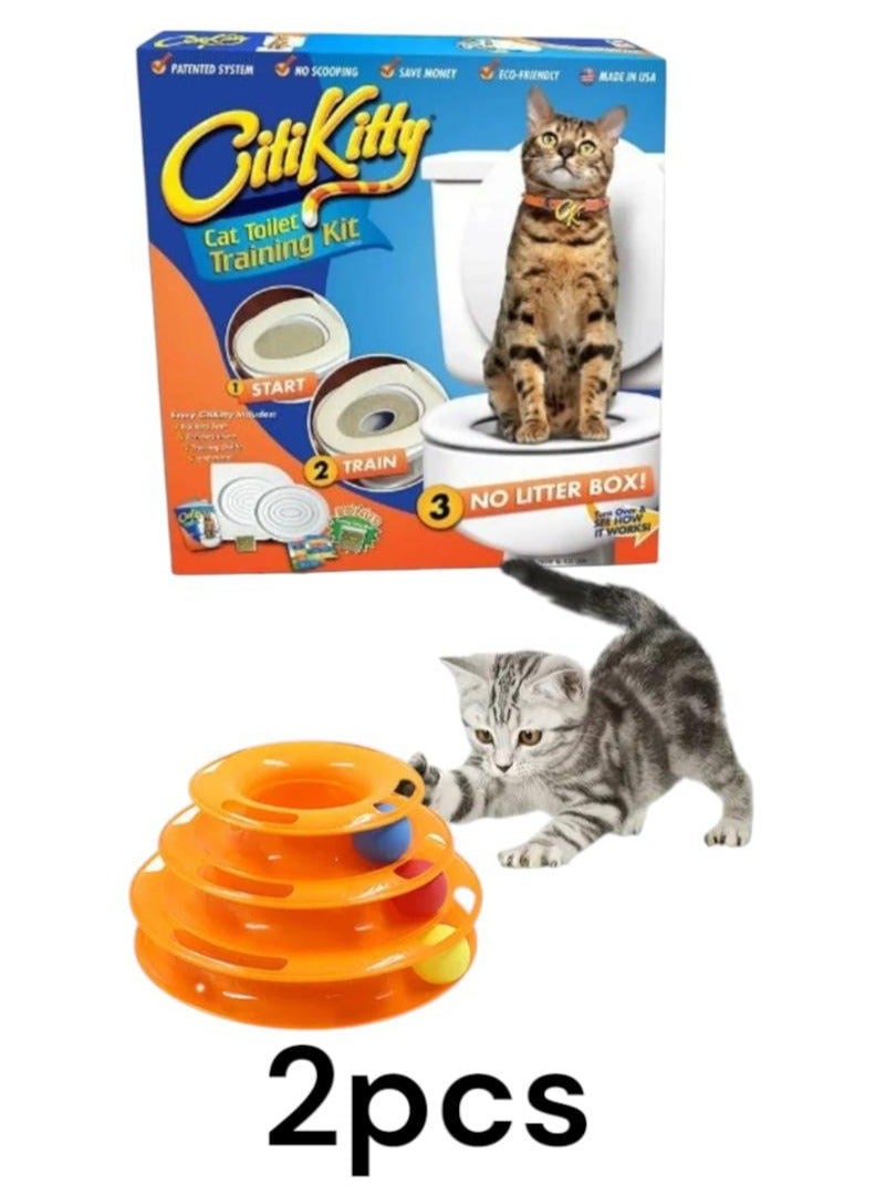 مجموعة سيتي كيتي للتدريب على المرحاض معا  لعبة القط ثلاث طبقات برج القط المسار ثلاث طبقات القرص الدوا/ متعدد الالون - Image 1