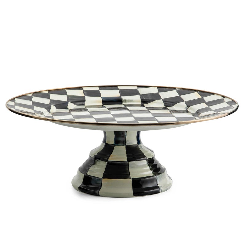 mackenzie childs MACKENZIECHILDS Enamel Pedestal Platter Round Cake Stand Large BlueandWhite Royal Check