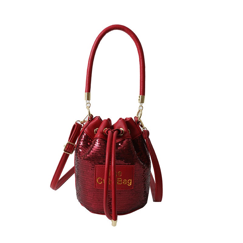 Portable Drawstring Bucket Bag For Women 2023 New Southeast Asian Fashion Sequin Shoulder Messenger Bag - Image 1