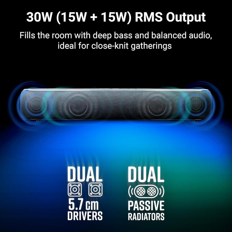 ZEBRONICS بار فيتا 201، مكبر صوت بلوتوث لاسلكي، 30 واط، حتى 8 ساعات تشغيل، محركات مزدوجة قوية، مشعات مزدوجة سلبية، مؤشر LED، BTv5.3 | USB | AUX - Image 2