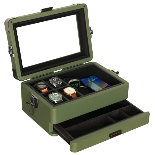 CASE ELEGANCE Military 10 Slot Watch Box Case Organizer for Men Real Glass Top Modular Valet Tray Apple Watch Compatible with Apple Watch Stand Accessory Drawer Watch Pillow Stands - Image 1