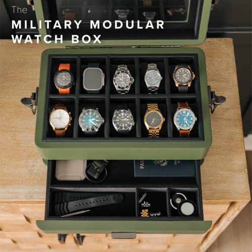 CASE ELEGANCE Military 10 Slot Watch Box Case Organizer for Men Real Glass Top Modular Valet Tray Apple Watch Compatible with Apple Watch Stand Accessory Drawer Watch Pillow Stands - Image 3