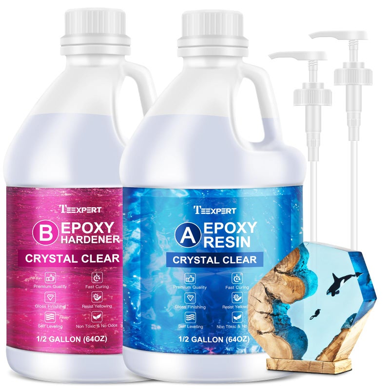 Teexpert Crystal Clear Epoxy Resin Kit 1 Gallon Self-Leveling Coating and Casting Resin, High-Gloss & Bubbles Free Resin and Hardener Kit for DIY Art, Jewelry, Table Top, Molds, Wood 1:1 Ratio - Image 1