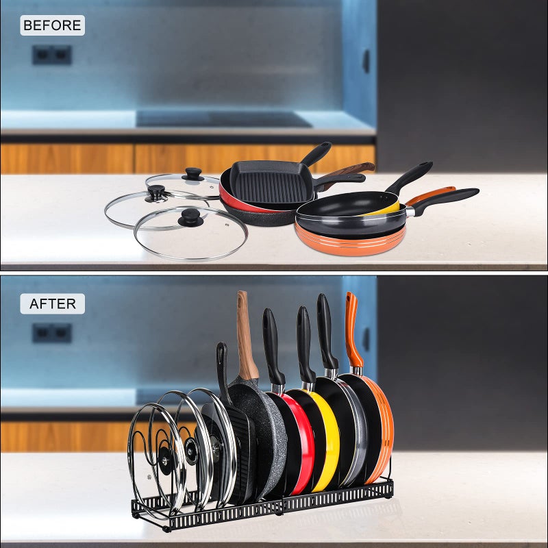 Toplife Pots and Pans Organizer Rack for Cabinet and Countertop, 10+ Pot Lids, Bakeware and Cookware Holder with 10 Adjustable Compartments - Black - Image 3