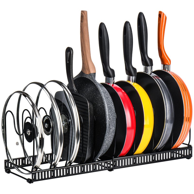 Toplife Pots and Pans Organizer Rack for Cabinet and Countertop, 10+ Pot Lids, Bakeware and Cookware Holder with 10 Adjustable Compartments - Black - Image 1