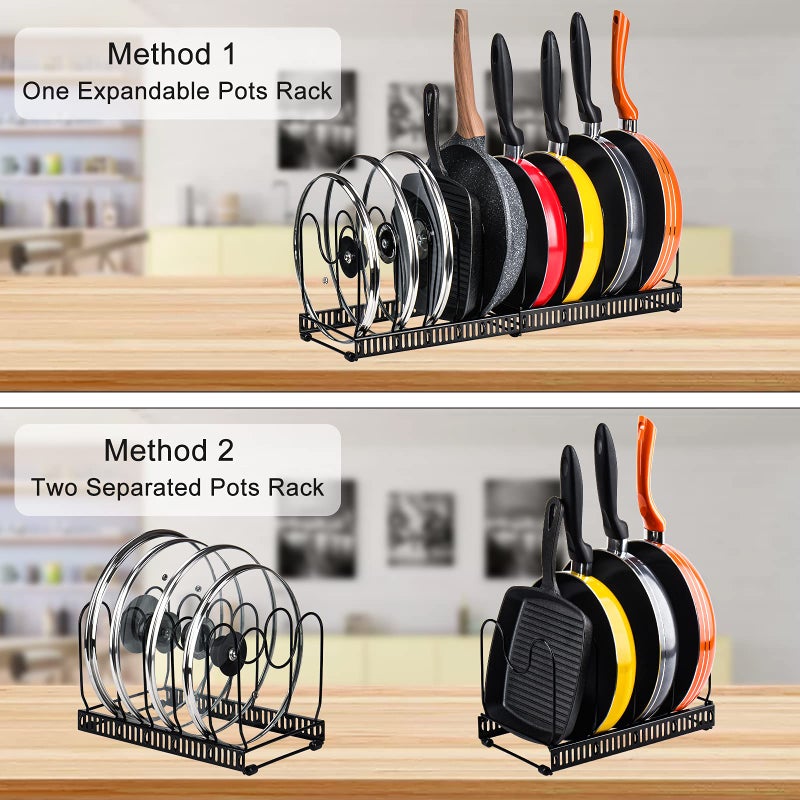 Toplife Pots and Pans Organizer Rack for Cabinet and Countertop, 10+ Pot Lids, Bakeware and Cookware Holder with 10 Adjustable Compartments - Black - Image 4