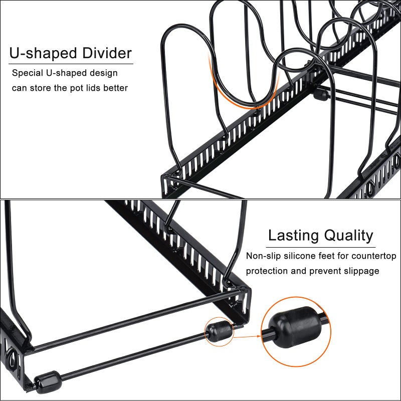 Toplife Pots and Pans Organizer Rack for Cabinet and Countertop, 10+ Pot Lids, Bakeware and Cookware Holder with 10 Adjustable Compartments - Black - Image 5