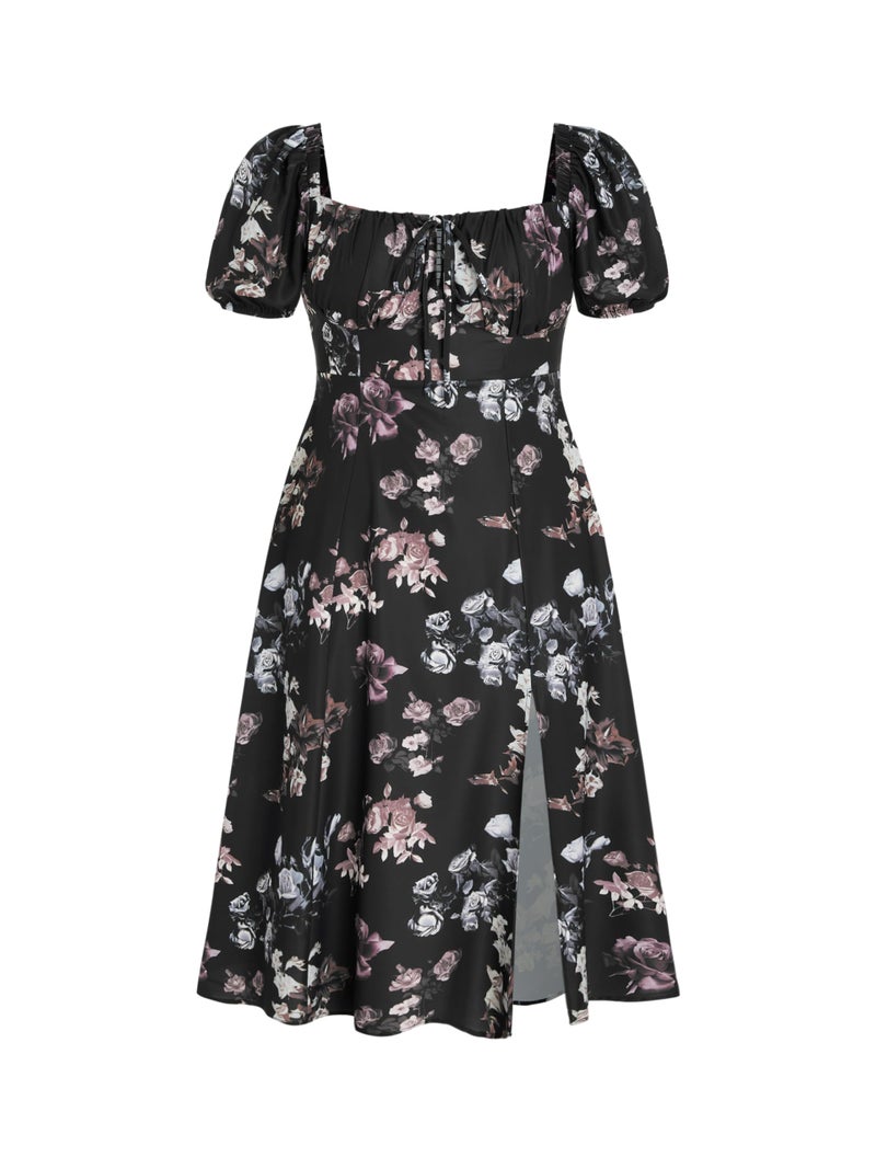 CIDER Women's Plus Size Dress Floral Fruit Square Neck Puff Sleeve Split Sun Dress Summer Midi Dresses Vacation Outfits Carbon - Image 1