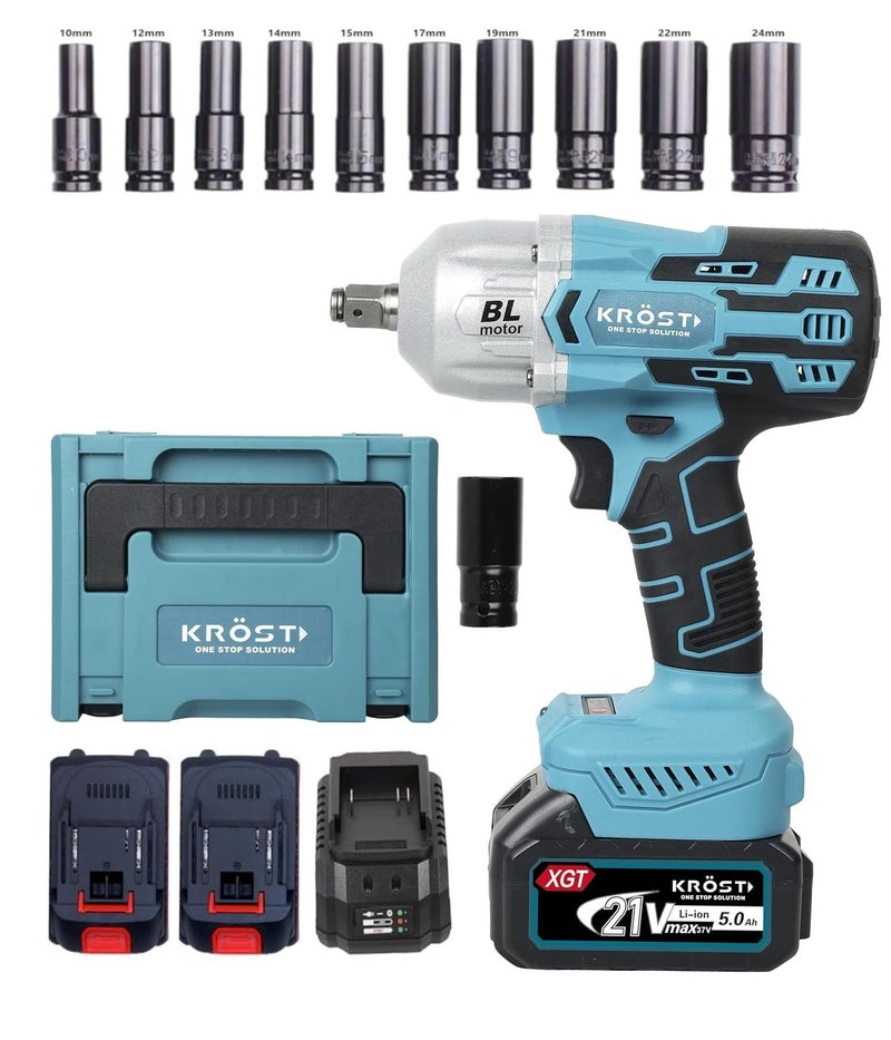 Krost Pro Series 1000Nm Combo Torque Cordless Impact Wrench 1/2", Brushless Motor 21V(37V Max) Double Li-Ion Batteries(Cordless Wrench + 10Pc Impact Socket) - Fixed Square - Image 1