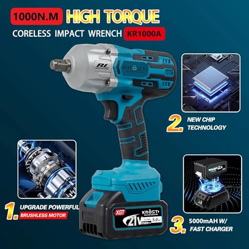 Krost Pro Series 1000Nm Combo Torque Cordless Impact Wrench 1/2", Brushless Motor 21V(37V Max) Double Li-Ion Batteries(Cordless Wrench + 10Pc Impact Socket) - Fixed Square - Image 5