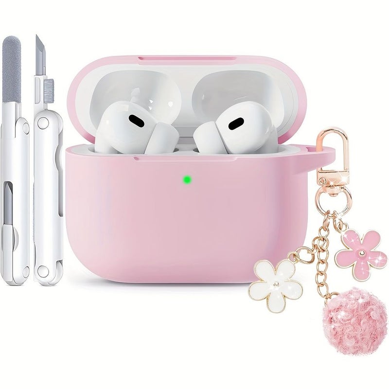 Pink Color Soft Shell Protective Case For Airpods 3 With Keychain Ball Charm And Cleaning Kit - Image 1