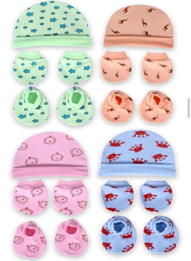 HAWKR Cotton Mittens and Booties for New Born Baby (0-9 Months)- Pack of 4 Pairs | Cotton Gloves with Gentle Elastic Wristbands & Booties |(Set of 4, Availability Colour May Vary and Print Designs) - Image 1