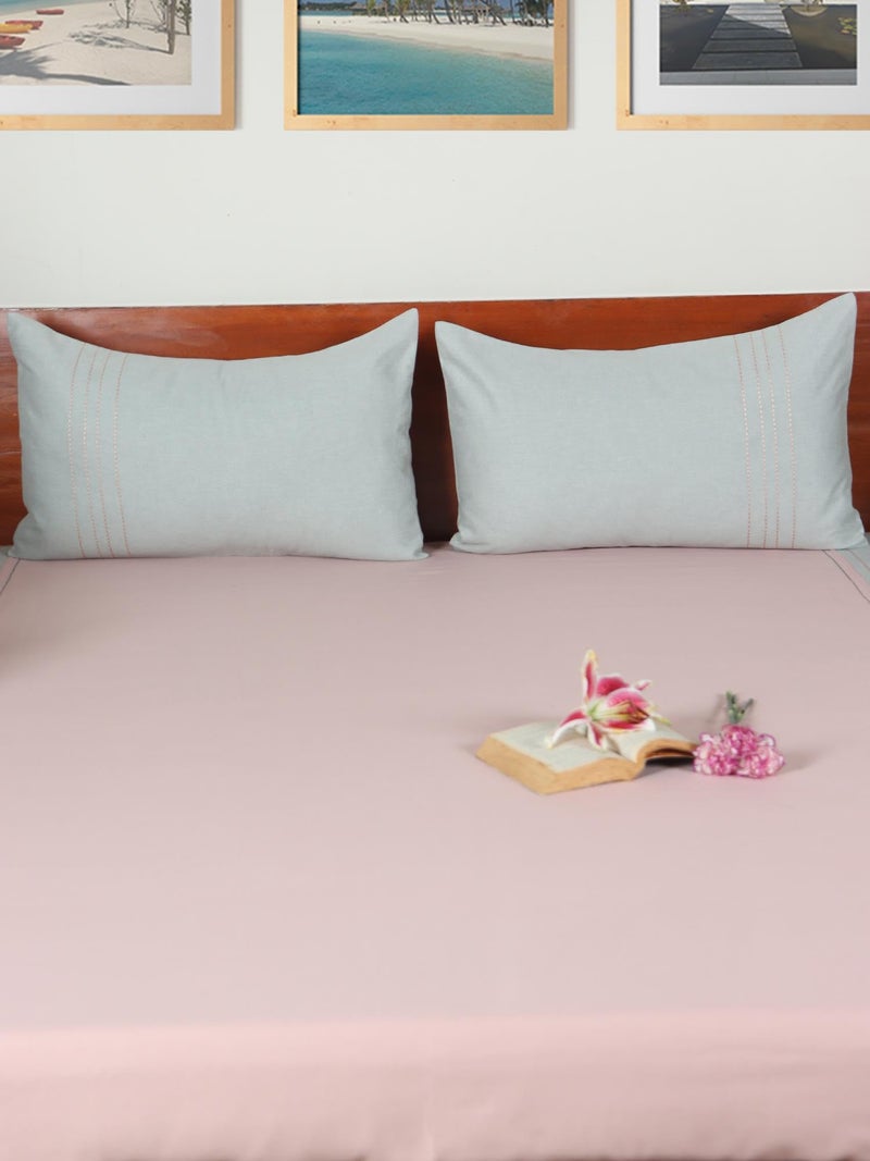 Zeba ZEBA World Cotton Blend Hand Embroidered Bedcover for Double Bed with 2 Pillow Covers | Chawal Taka - Duckegg Pink with Blue Pillows| Bedcover 90 x 108inches (7.5x9ft), Pillow 17x27in  - Image 3
