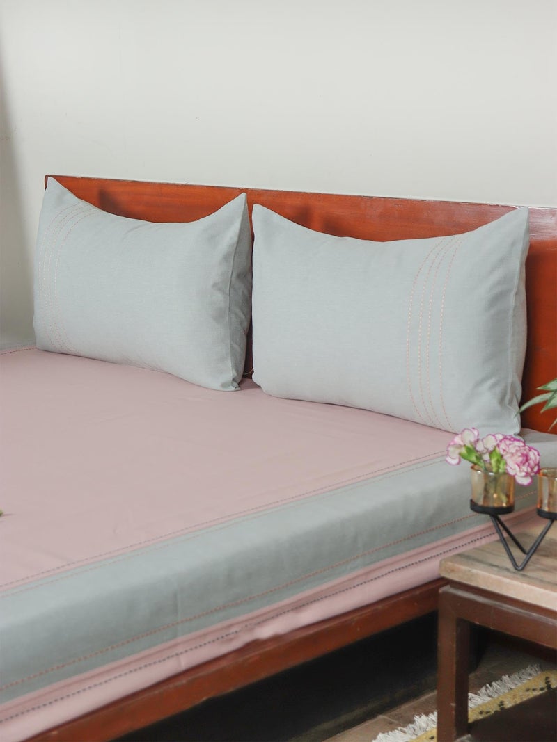 Zeba ZEBA World Cotton Blend Hand Embroidered Bedcover for Double Bed with 2 Pillow Covers | Chawal Taka - Duckegg Pink with Blue Pillows| Bedcover 90 x 108inches (7.5x9ft), Pillow 17x27in  - Image 2