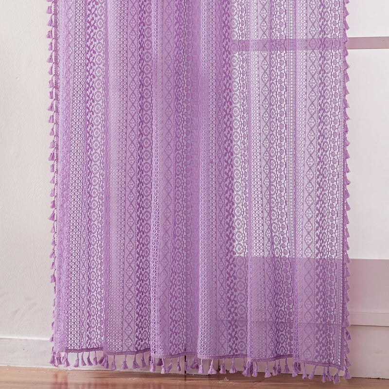 WAZZIO Lavender Purple Sheer Curtains 84 Inches Long 2 Panels, Cotton Semi-Sheer Window Drapes with Tassel Trim, Boho Light Filtering Sheers for Bedroom & Living Room (Set of 2, W59 xL84) - Image 5