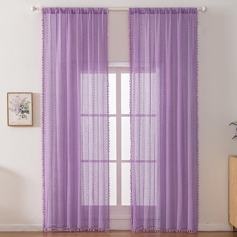 WAZZIO Lavender Purple Sheer Curtains 84 Inches Long 2 Panels, Cotton Semi-Sheer Window Drapes with Tassel Trim, Boho Light Filtering Sheers for Bedroom & Living Room (Set of 2, W59 xL84) - Image 1