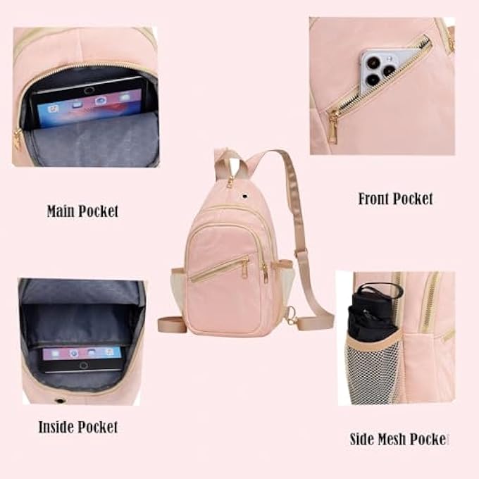 rayihni Waterproof Lightweight Sling Backpack Crossbody Bag Adjustable Chest Strap Shoulder Bag with MultiPockets Compact AntiTheft Daypack for Travel Hiking Outdoor and Daily Use Pink - Image 4