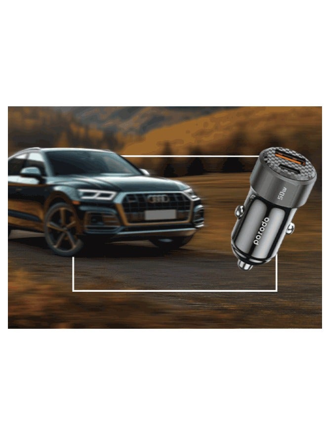 porodo 50W Dual Port Car Charger PD 20W QC 30W / Simultaneous Fast Charging - Black - Image 2