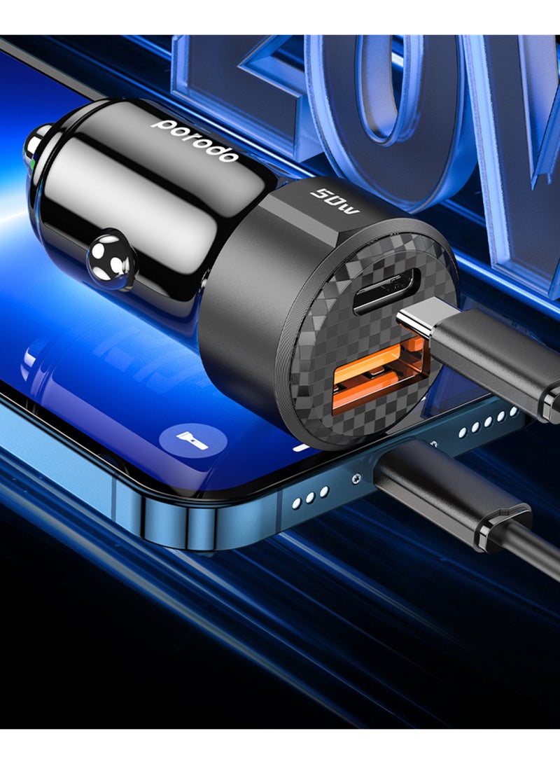 porodo 50W Dual Port Car Charger PD 20W QC 30W / Simultaneous Fast Charging - Black - Image 3