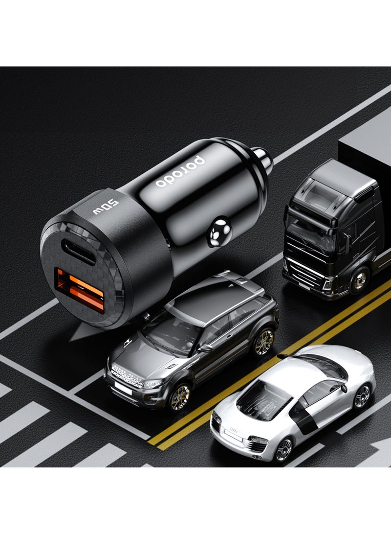 porodo 50W Dual Port Car Charger PD 20W QC 30W / Simultaneous Fast Charging - Black - Image 4