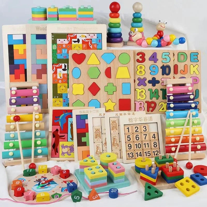 Bluejw Kids Montessori Cartoon Animal Educational Wooden Beaded Geometry Digital Clock Puzzles Gadgets Matching Clock Toy - Image 1