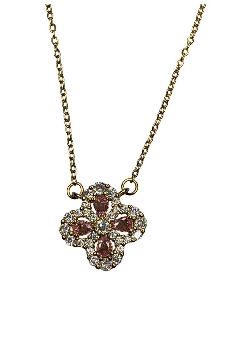 Influence Germany Pink Clover Gemstone Pendant Necklace – Gold-Tone Stainless Steel - Image 2