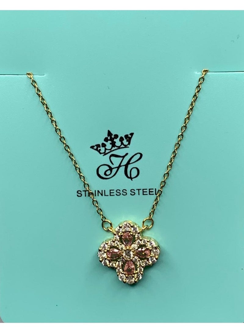 Influence Germany Pink Clover Gemstone Pendant Necklace – Gold-Tone Stainless Steel - Image 1